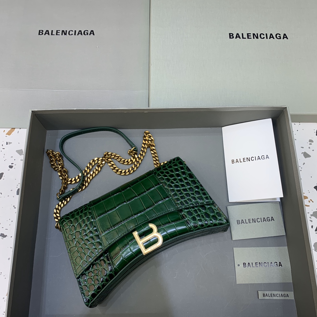 Balenciaga Big Hourglass Wallet With Chain Crocodile Embossed Shoulder Bag Dark Green